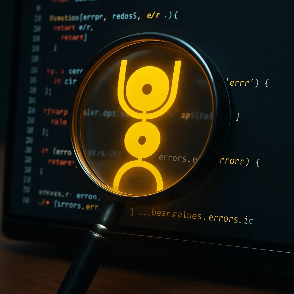 Icono de Amigo Informático, visto a través de una lupa, con códigos detrás del ordenador